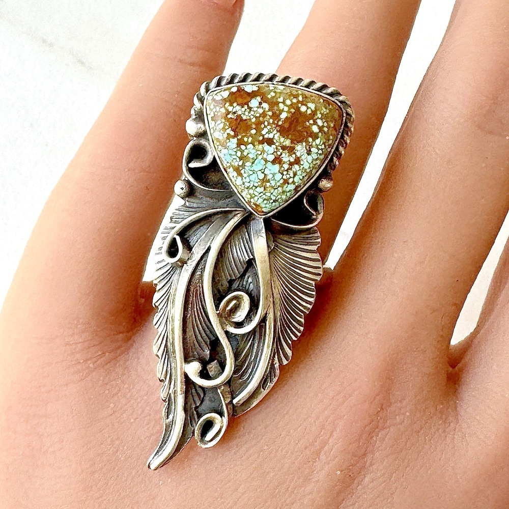 BIG Navajo Feather Ring #8 Turquoise Adjustable Jimmy Lee Sterling Native Amer